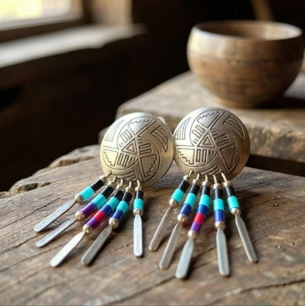 Vintage Southwest Sterling Silver Multi-color Beads Concho  Post Earrings